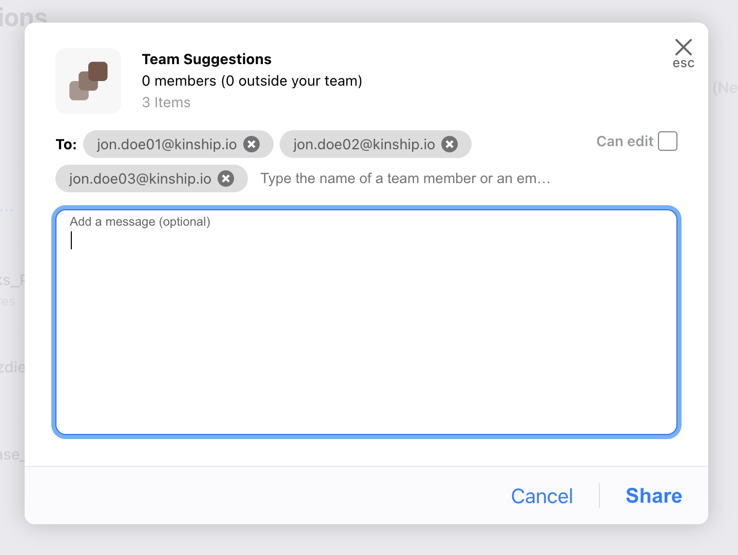 The Share dialog for collections opened to demonstrate The Share dialog for collections demonstrating an the ability to add multiple recipients at once.